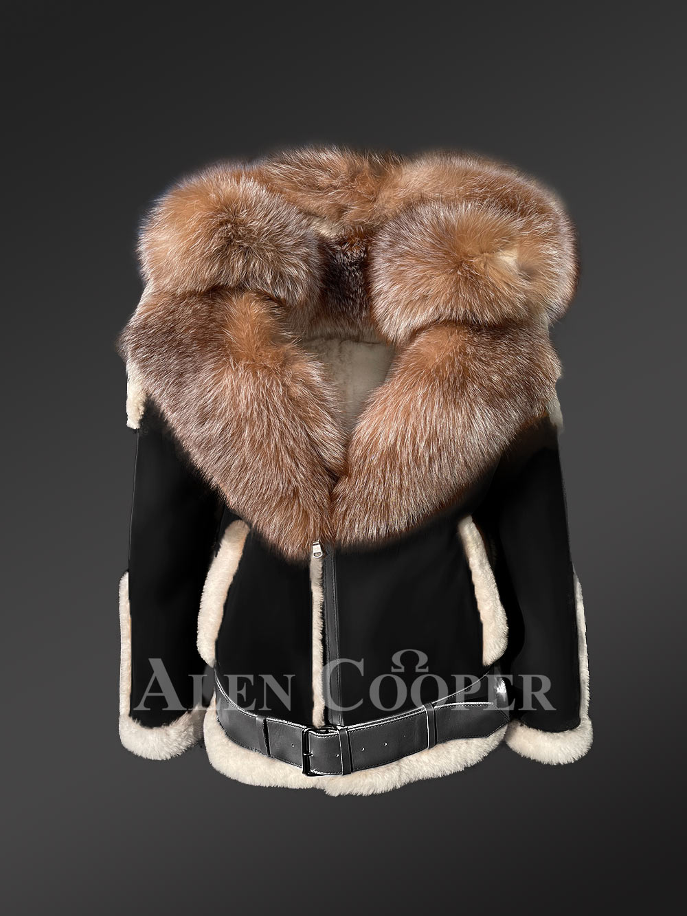 Authentic Men’s Black Shearling Jacket with Crystal Fox Fur Detailing - Image 3