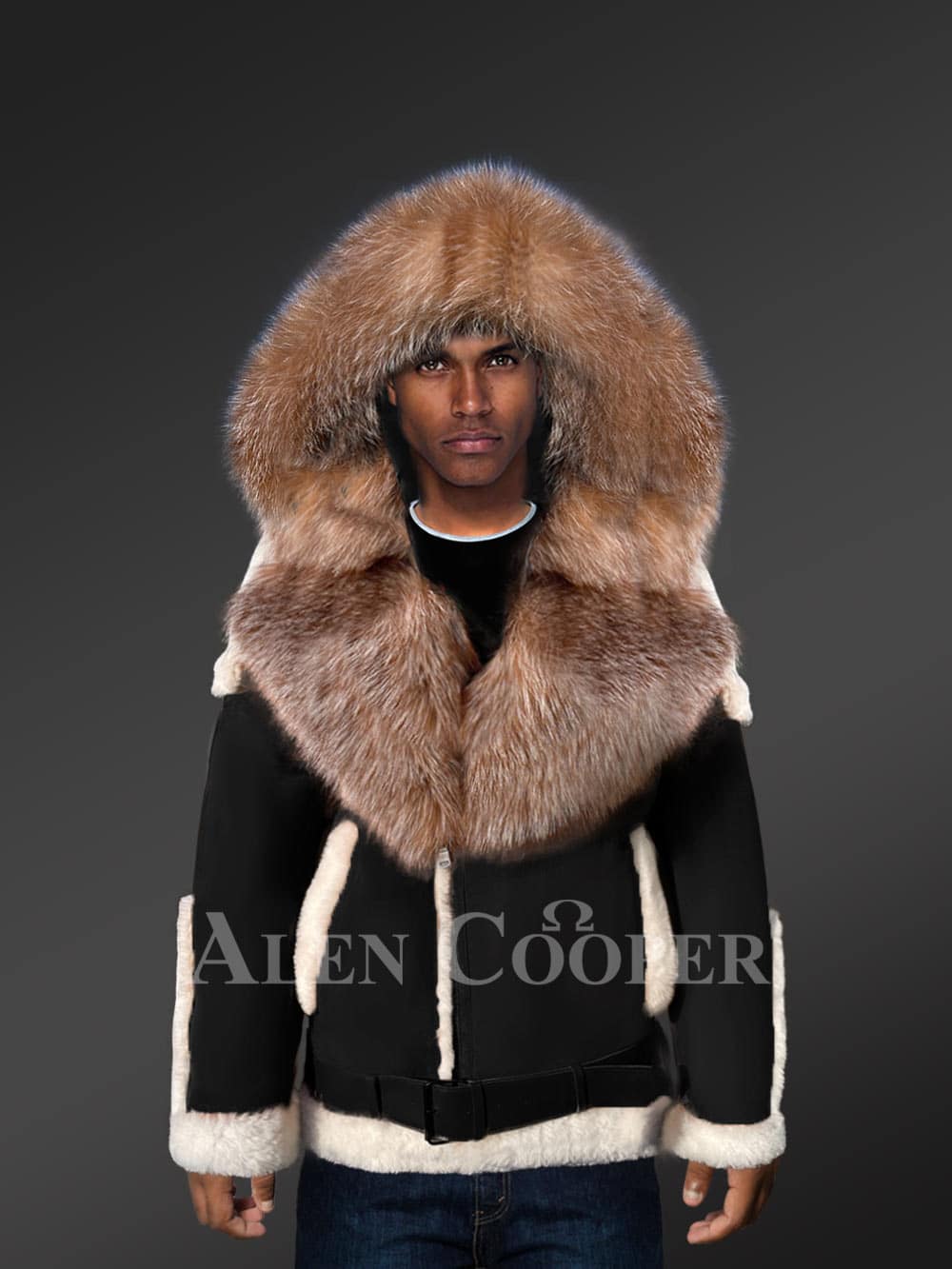 Authentic Men’s Black Shearling Jacket with Crystal Fox Fur Detailing - Image 2