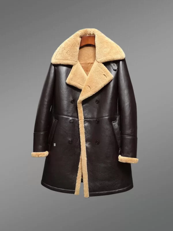 Authentic Nappa Finish Coffee Brown Trench Shearling Coat - Image 4