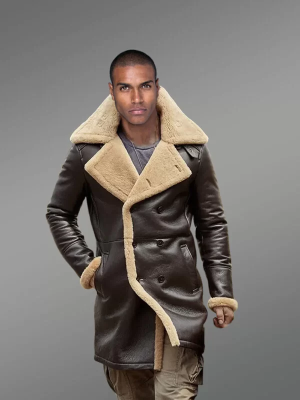 Authentic Nappa Finish Coffee Brown Trench Shearling Coat - Image 2