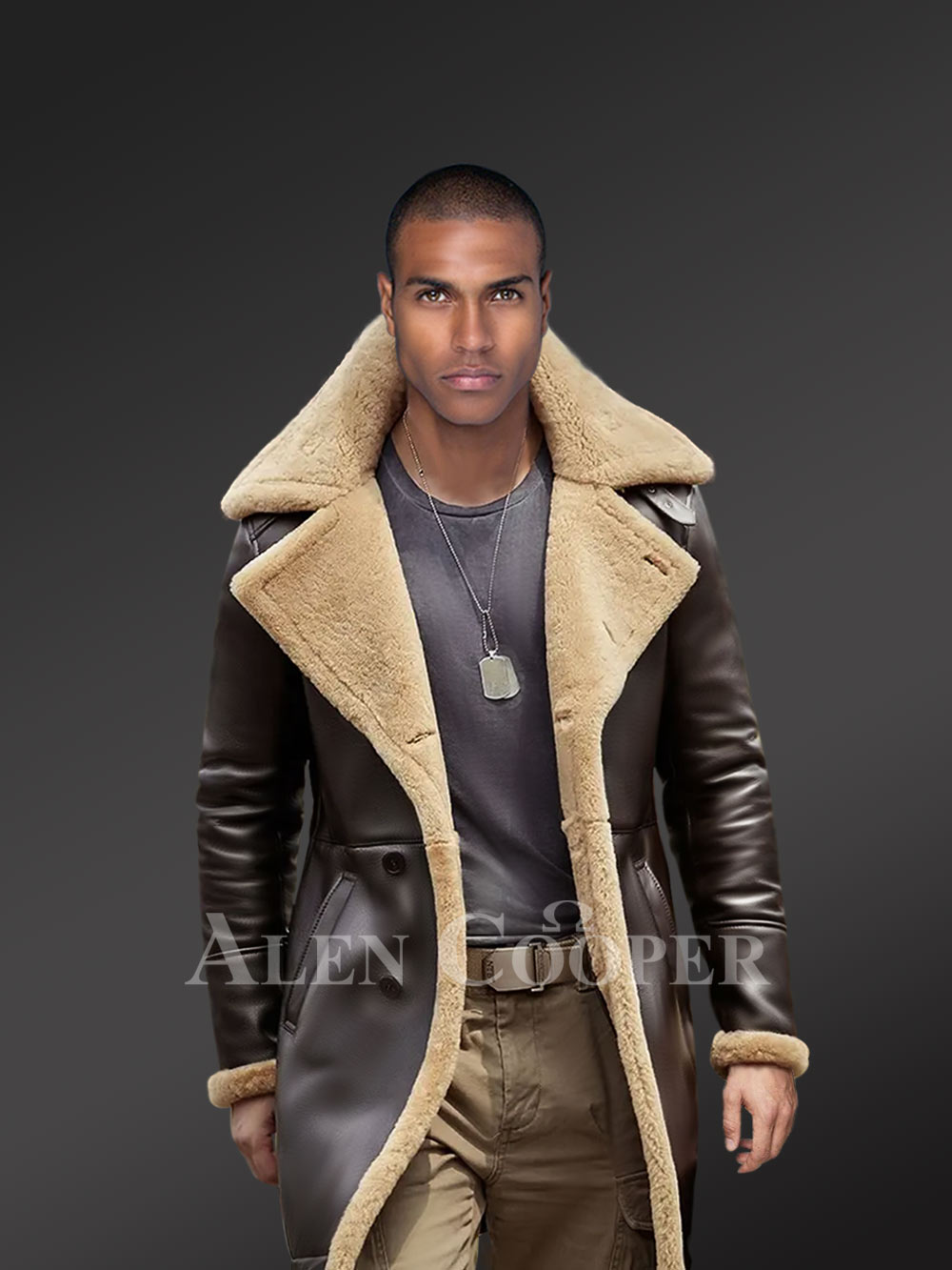 Men's Shearling Long Trench Coat - Image 3