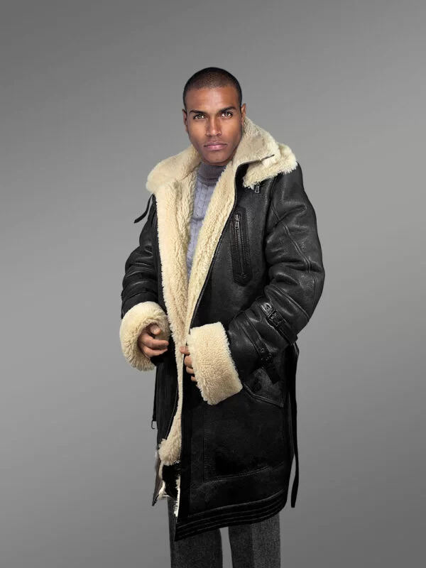 Men’s Shearling Coat in Black Above Knee Length - Image 3