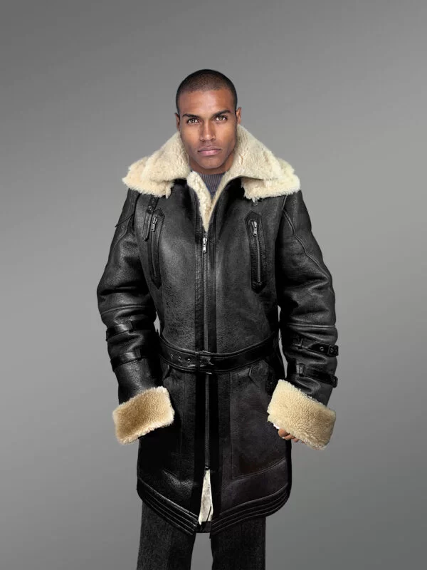 Men’s Shearling Coat in Black Above Knee Length - Image 2