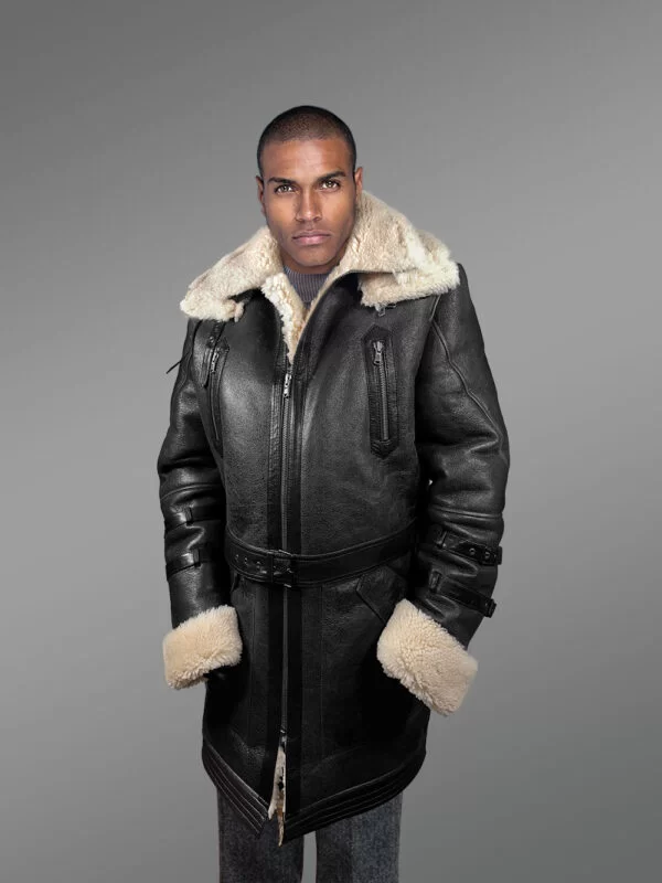 Men’s Shearling Coat in Black Above Knee Length