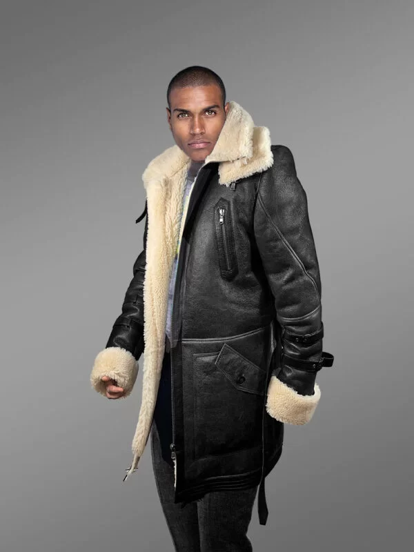 Men’s Shearling Coat in Black Above Knee Length - Image 6