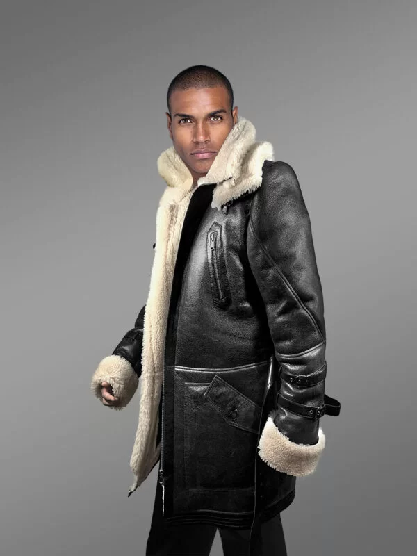 Men’s Shearling Coat in Black Above Knee Length - Image 5