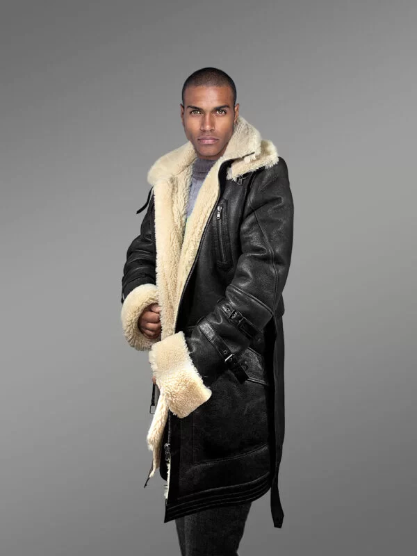 Men’s Shearling Coat in Black Above Knee Length - Image 4