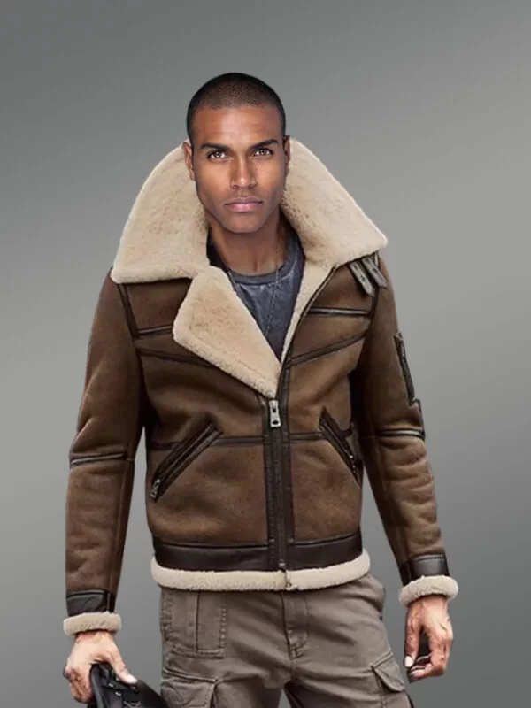 Biker Shearling Jacket in Tan Brown for Men - Image 2