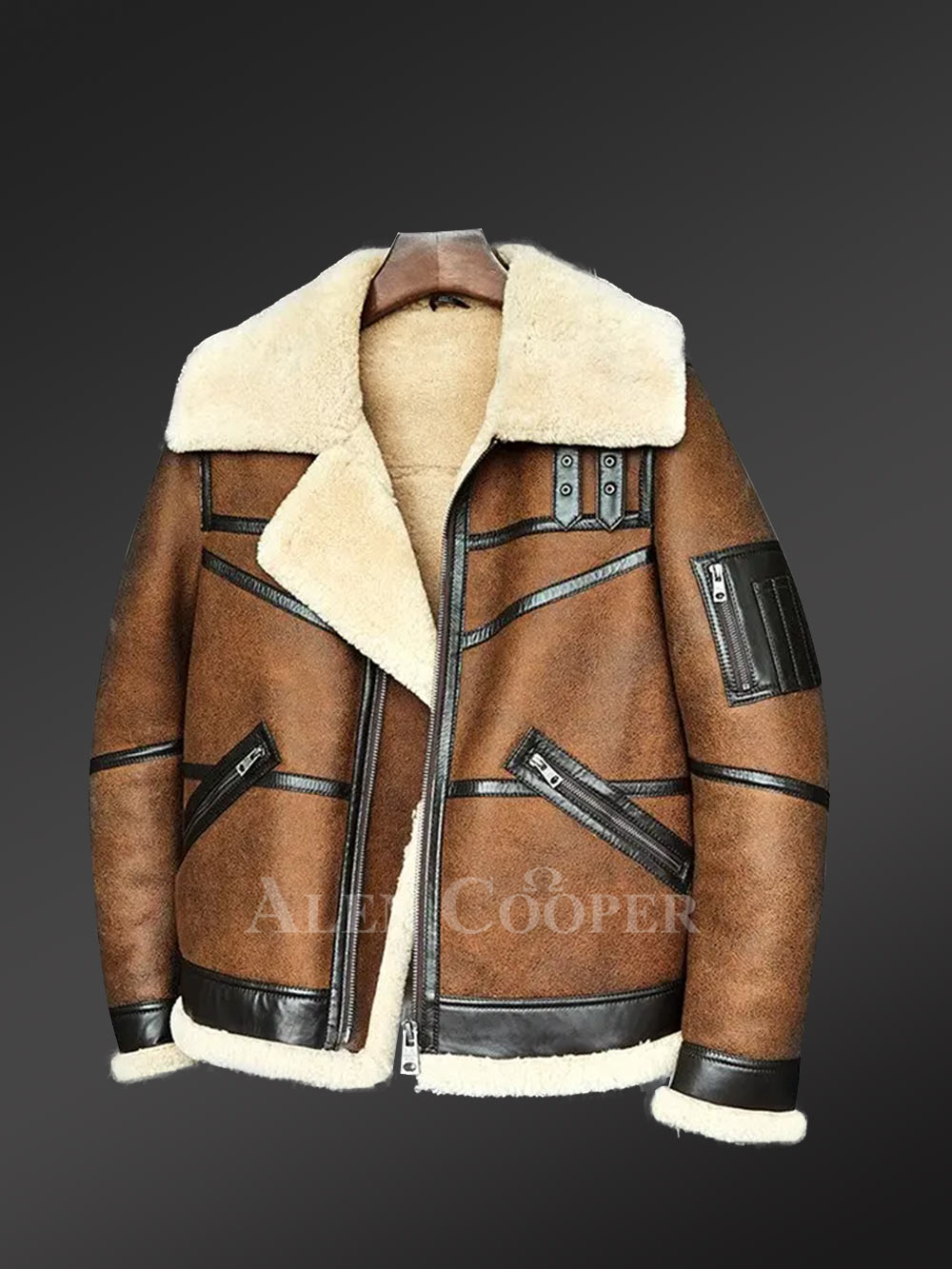 Biker Shearling Jacket in Tan Brown for Men - Image 4