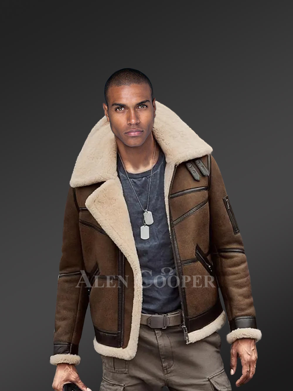 Biker Shearling Jacket in Tan Brown for Men - Image 2