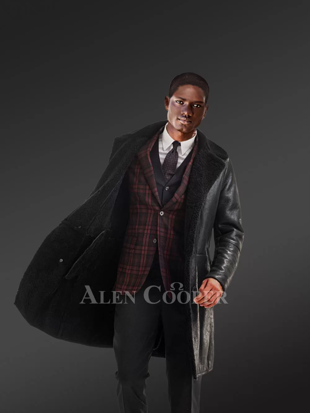 Classy Shearling Long Coat With Nappa Finish For Men - Image 3