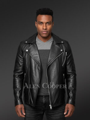 Black Zipper Biker Leather Jacket with Accessorized Cuffs and Front