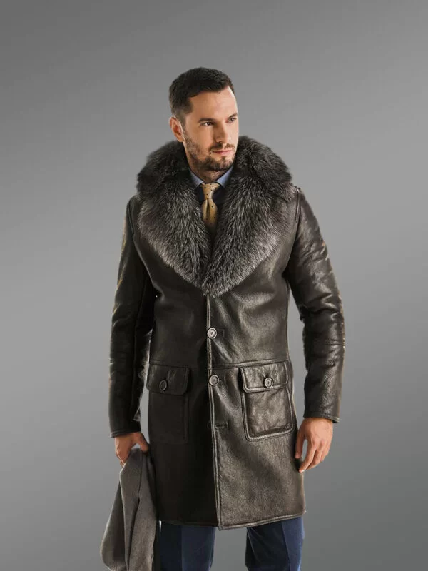 Men Authentic Shearling Coat with Raccoon Fur Collar - Image 2