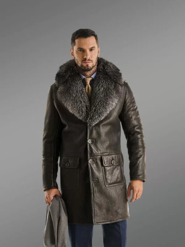 Men Authentic Shearling Coat with Raccoon Fur Collar