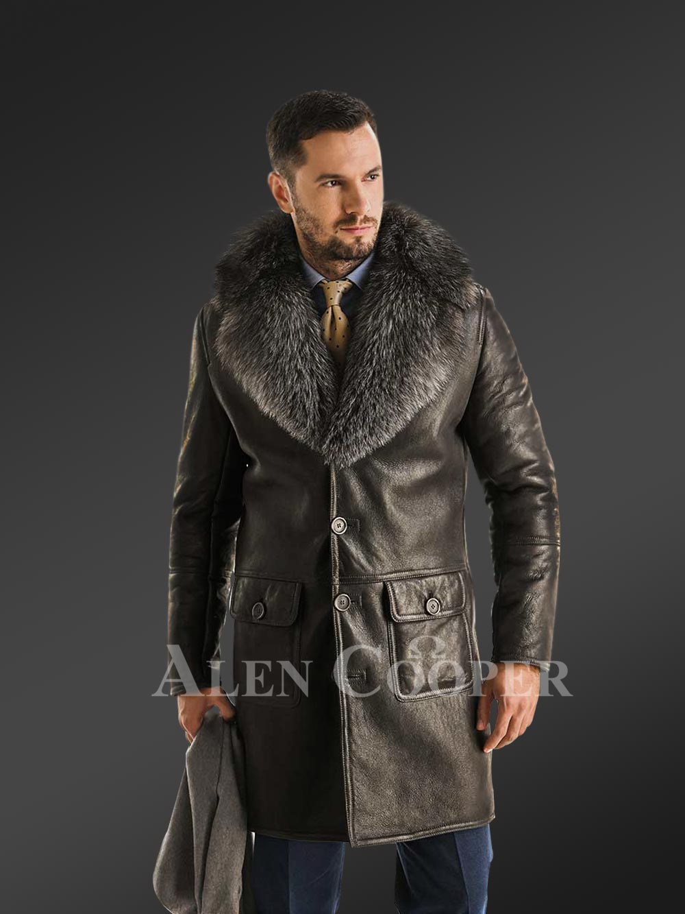 Men Authentic Shearling Coat with Raccoon Fur Collar - Image 2