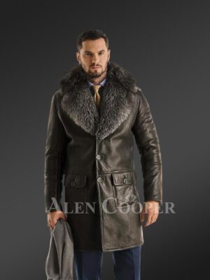 Men Authentic Shearling Coat with Raccoon Fur Collar