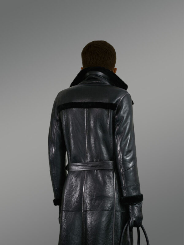 Men’s Black Classy Long Coats from Genuine Shearling Pelts - Image 3