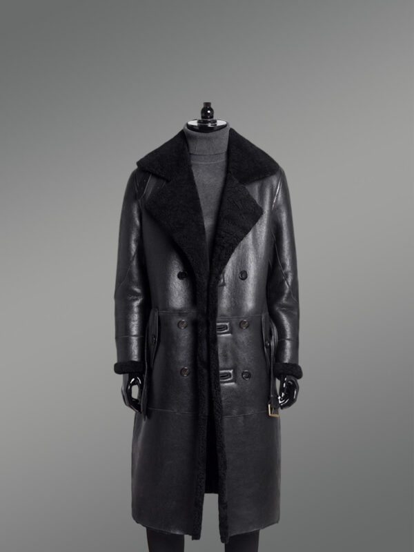 Men’s Black Classy Long Coats from Genuine Shearling Pelts - Image 4