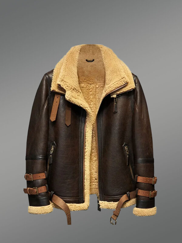 Coffee Brown Shearling Jacket With Cognac Belts - Image 2