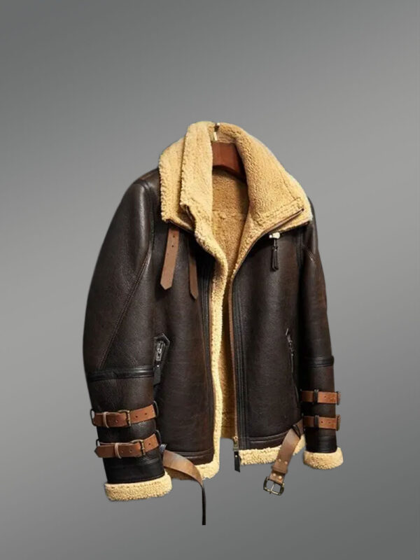 Coffee Brown Shearling Jacket With Cognac Belts - Image 3