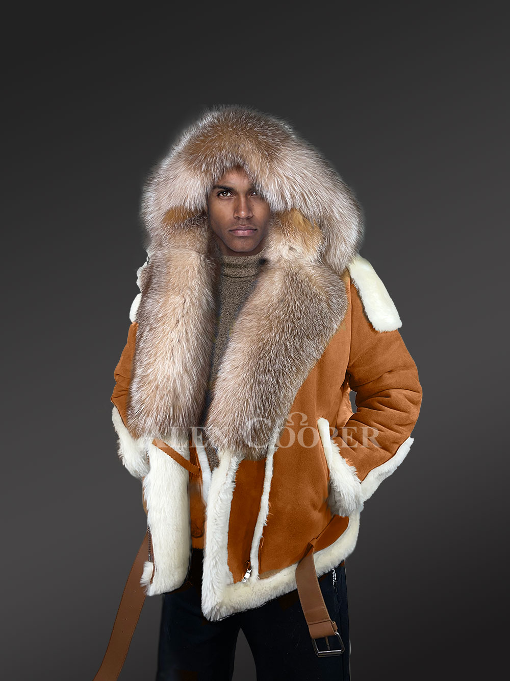 Authentic Men’s Shearling Jacket With Crystal Fox Fur Detailing - Image 3