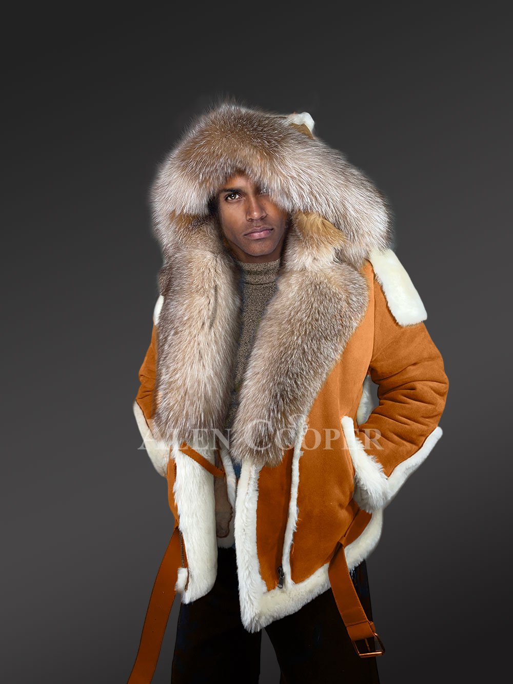 Authentic Men’s Shearling Jacket With Crystal Fox Fur Detailing - Image 4