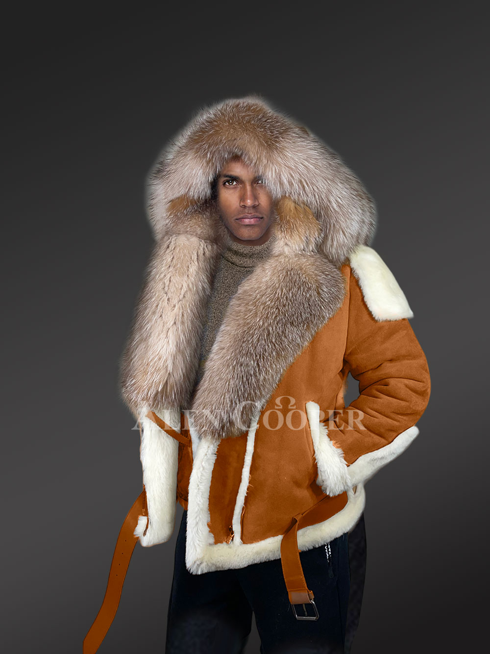 Authentic Men’s Shearling Jacket With Crystal Fox Fur Detailing - Image 5