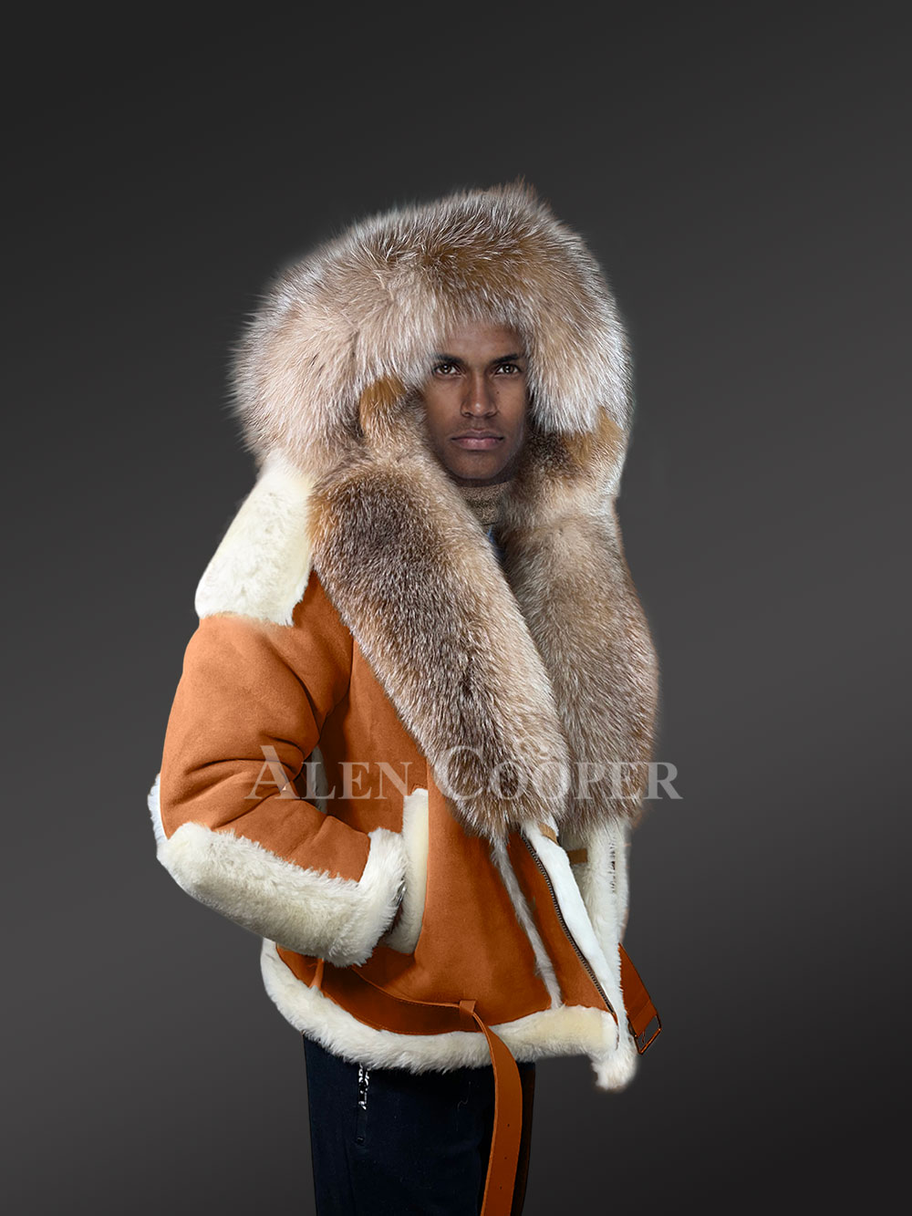 Authentic Men’s Shearling Jacket With Crystal Fox Fur Detailing - Image 6