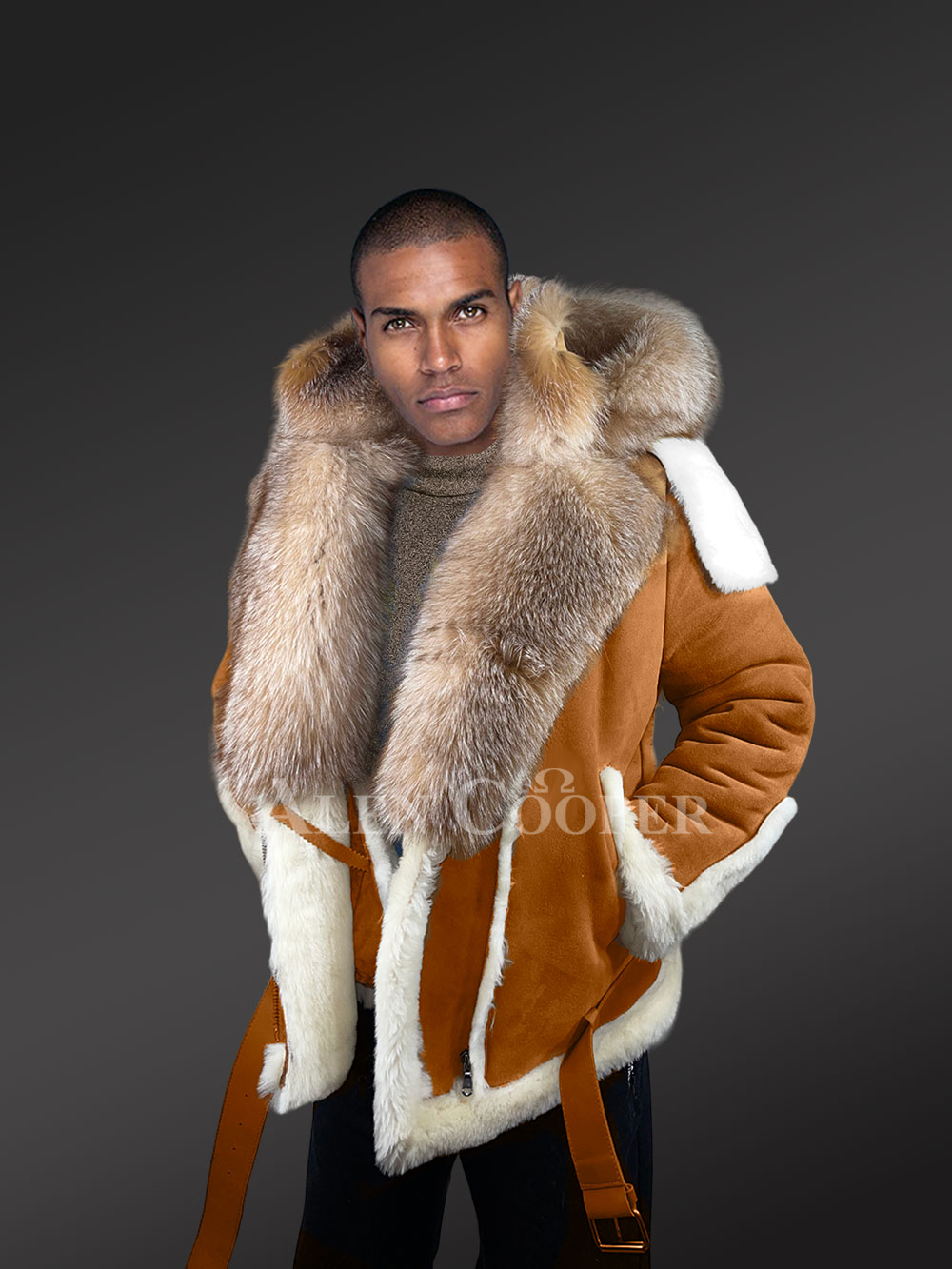Authentic Men’s Shearling Jacket With Crystal Fox Fur Detailing - Image 7