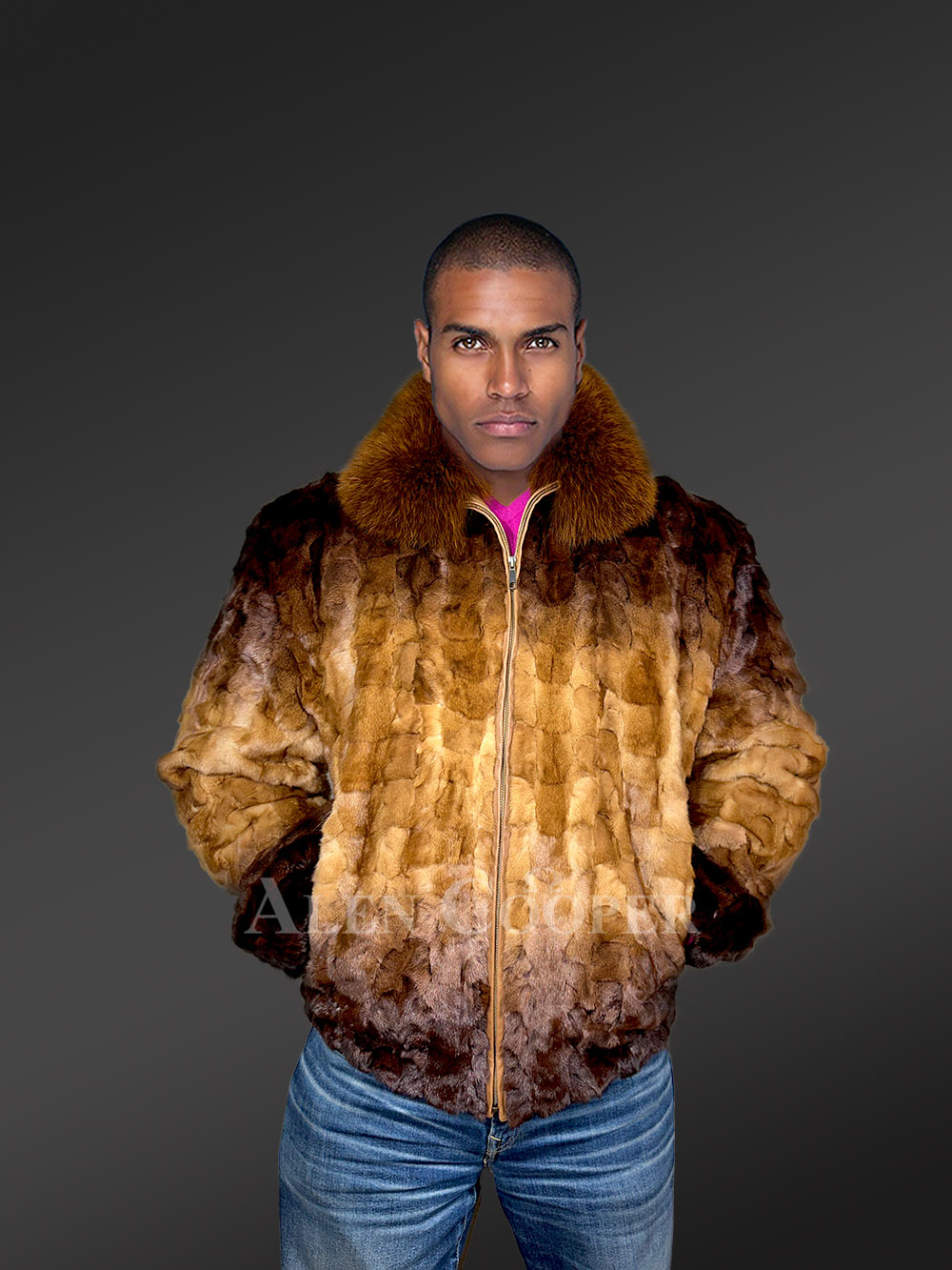 Mink Fur Bomber Jacket with Fox Collar for Men in Golden Dark Brown Contrast - Image 2