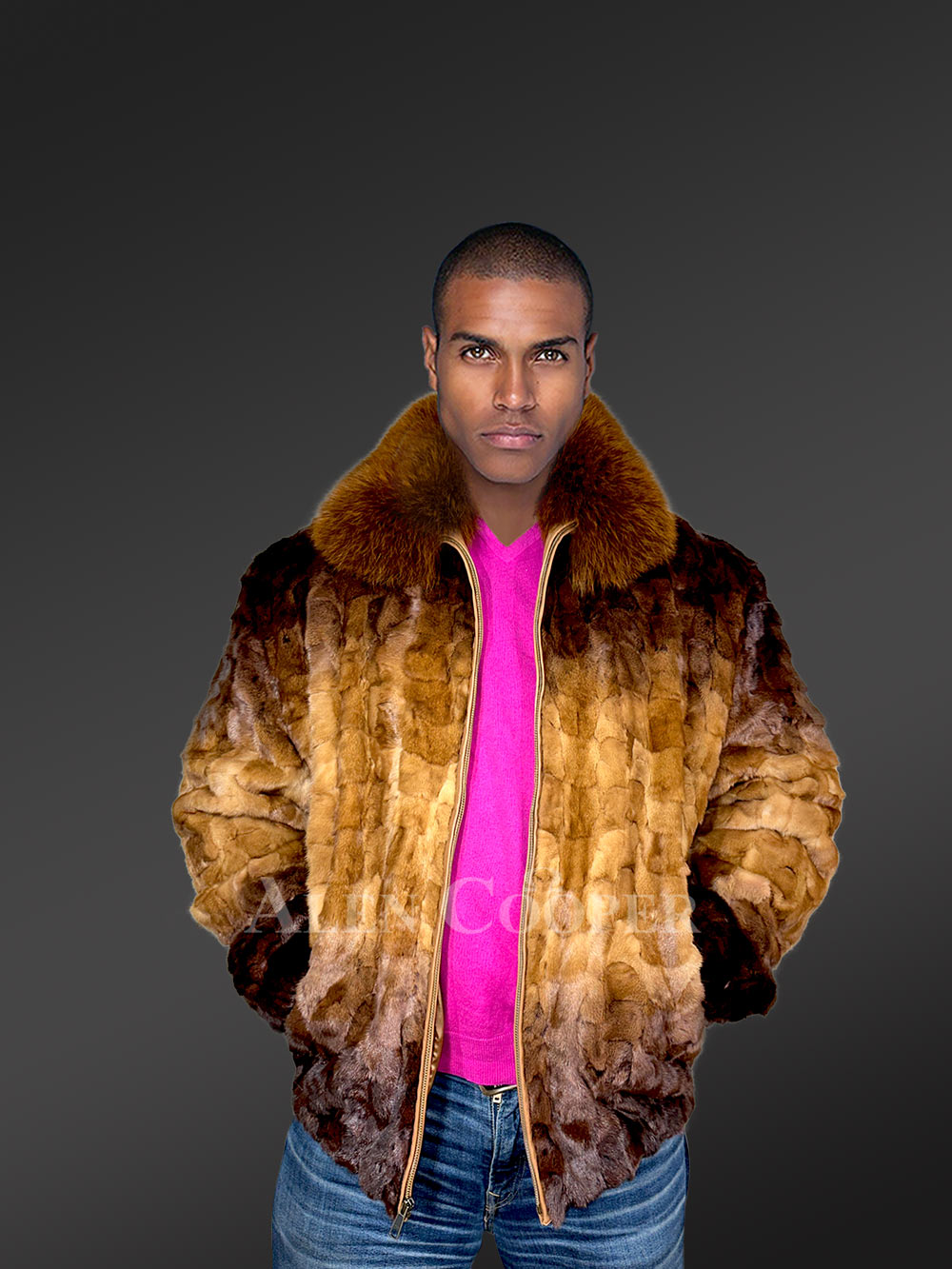 Mink Fur Bomber Jacket with Fox Collar for Men in Golden Dark Brown Contrast - Image 6