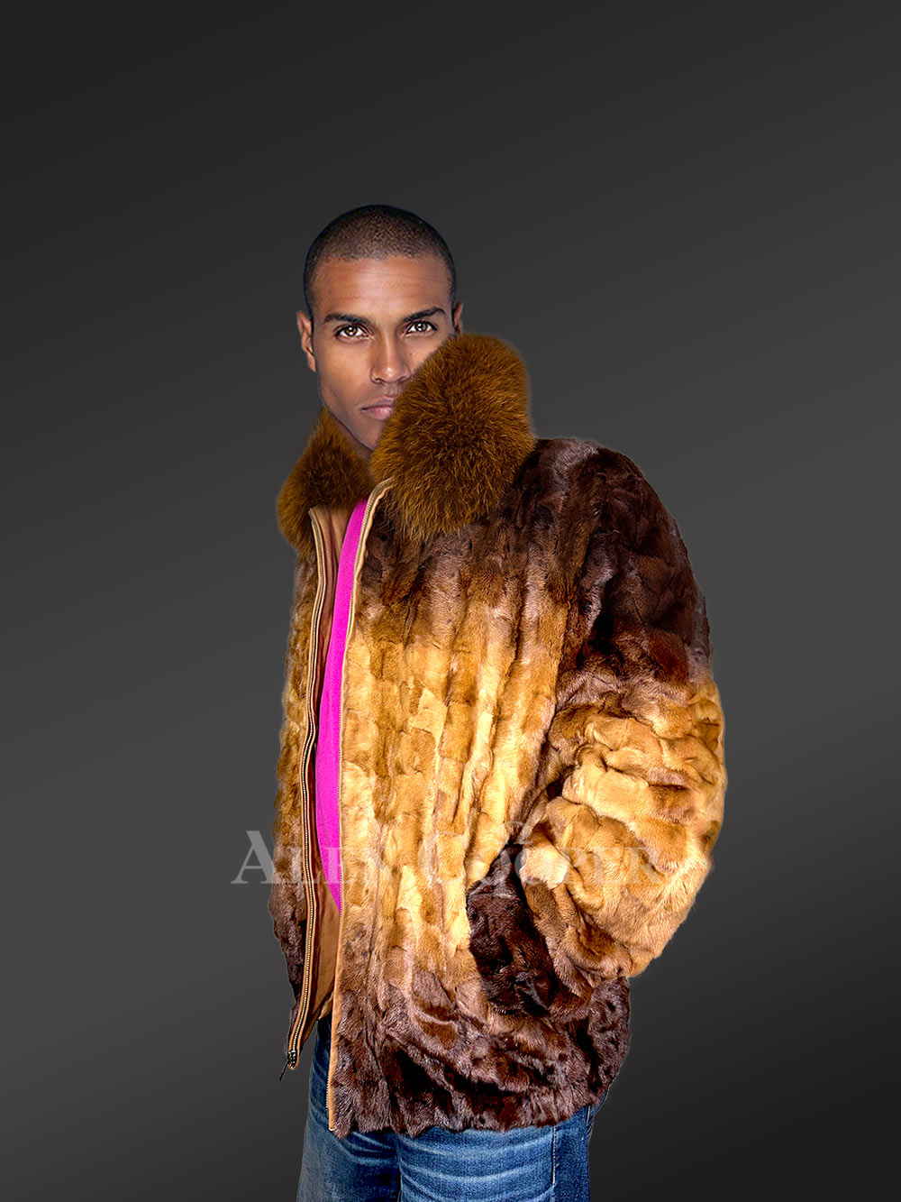 Mink Fur Bomber Jacket with Fox Collar for Men in Golden Dark Brown Contrast - Image 5