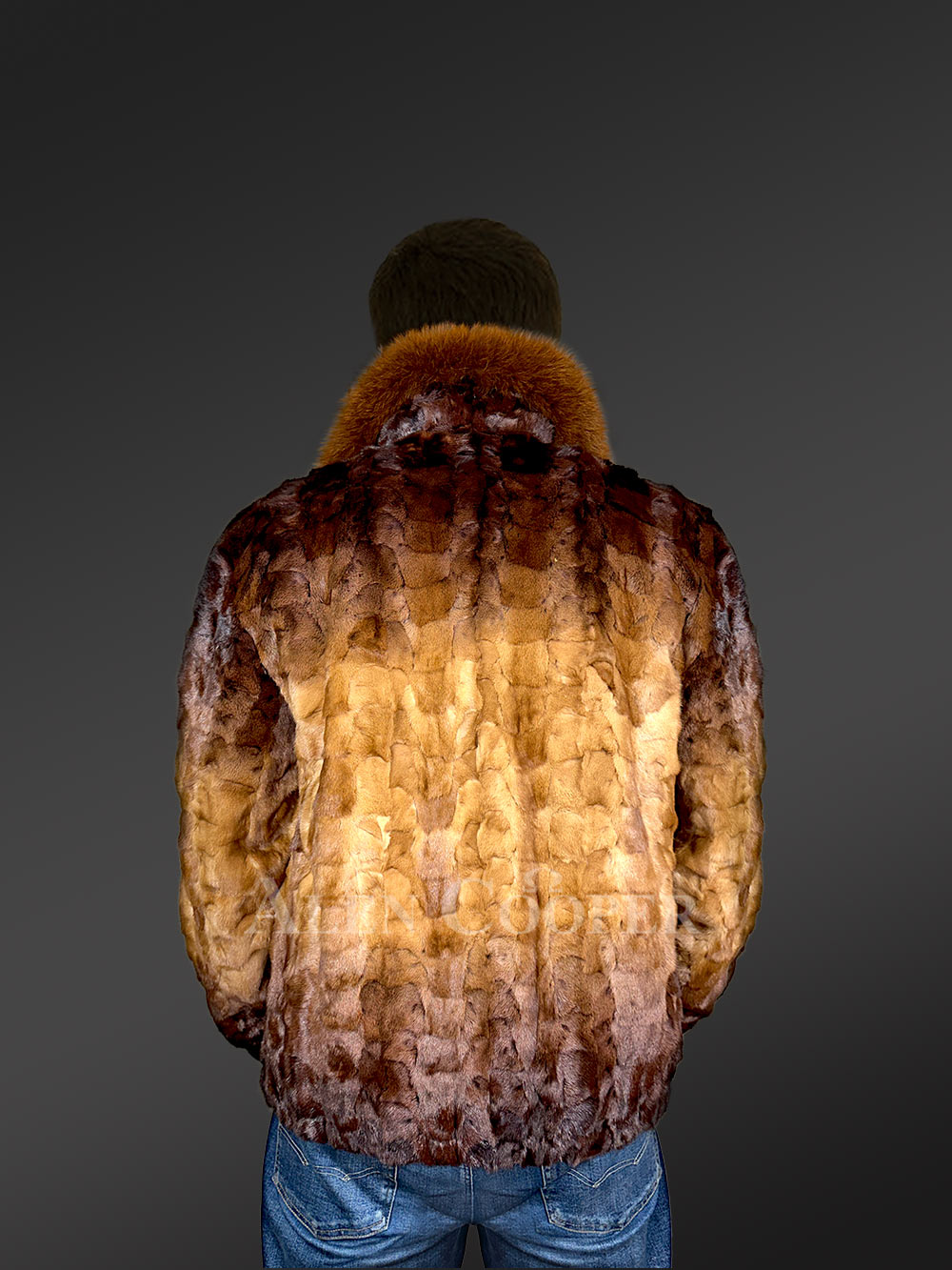 Mink Fur Bomber Jacket with Fox Collar for Men in Golden Dark Brown Contrast - Image 4