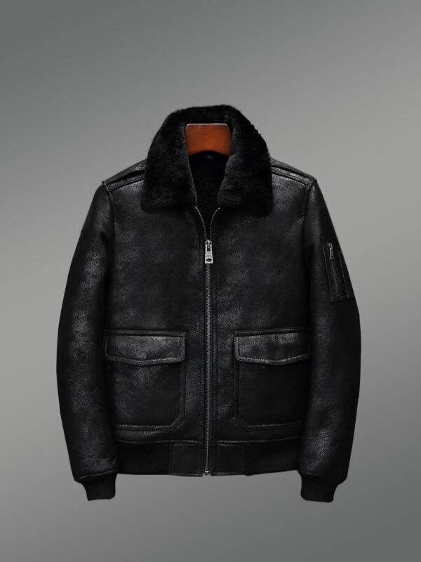 Distressed Black Aviator Style Flight Shearling Jacket