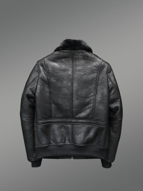 Distressed Black Aviator Style Flight Shearling Jacket - Image 2