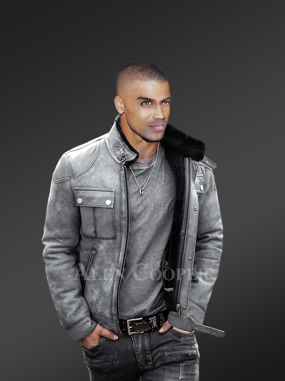Distressed Grey Shearling Jacket - Image 2