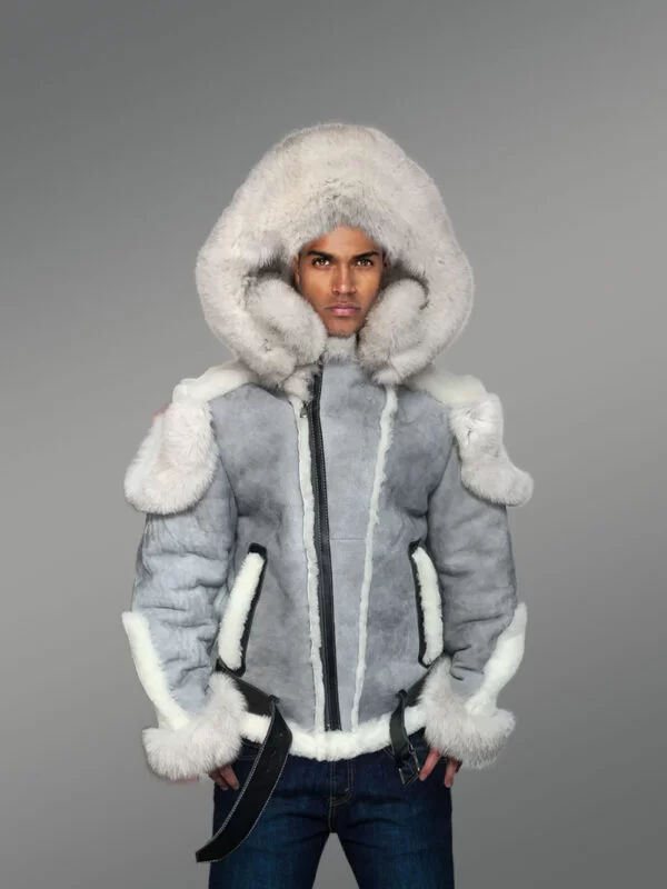 Exclusive Men’s Grey Shearling Jacket With Frost Fur Detailing - Image 3