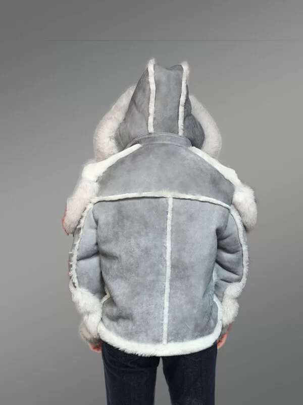 Exclusive Men’s Grey Shearling Jacket With Frost Fur Detailing - Image 4