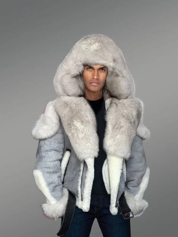 Exclusive Men’s Grey Shearling Jacket With Frost Fur Detailing - Image 2