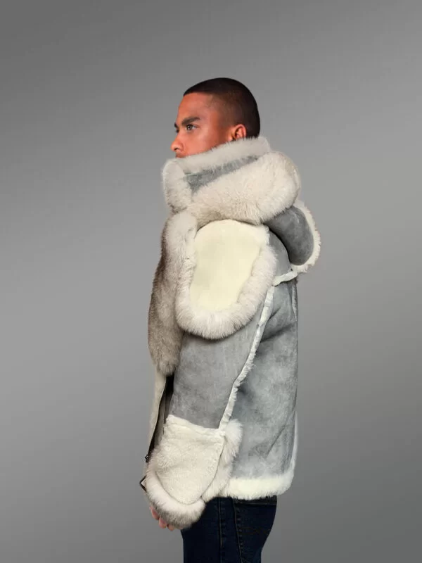 Exclusive Men’s Grey Shearling Jacket With Frost Fur Detailing - Image 5