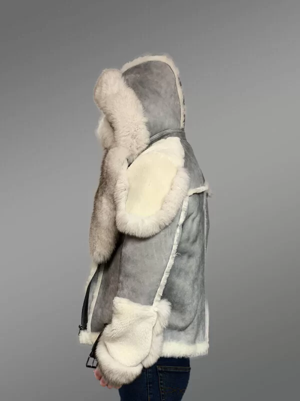 Exclusive Men’s Grey Shearling Jacket With Frost Fur Detailing - Image 6