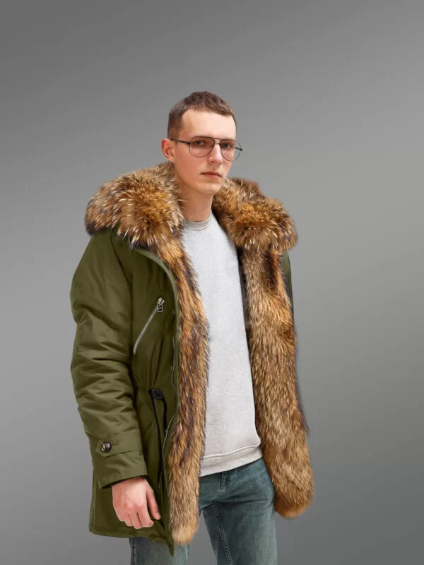 Improve Your Identity with Finn Raccoon Fur Hybrid Green Parka Convertibles for Men with Rabbit Liner - Image 3