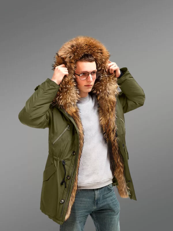 Improve Your Identity with Finn Raccoon Fur Hybrid Green Parka Convertibles for Men with Rabbit Liner