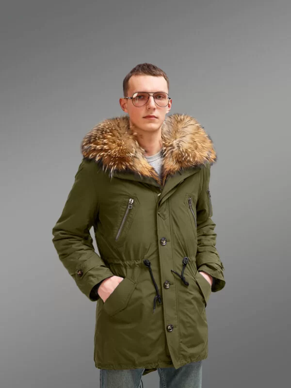 Improve Your Identity with Finn Raccoon Fur Hybrid Green Parka Convertibles for Men with Rabbit Liner - Image 2