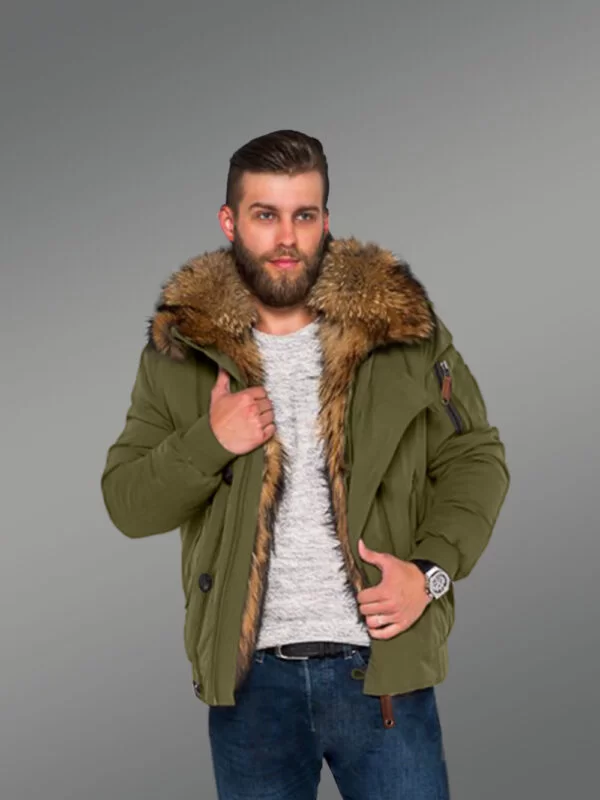 Finn Raccoon Fur Hybrid Green Parkas for Trendy and Elegant Men