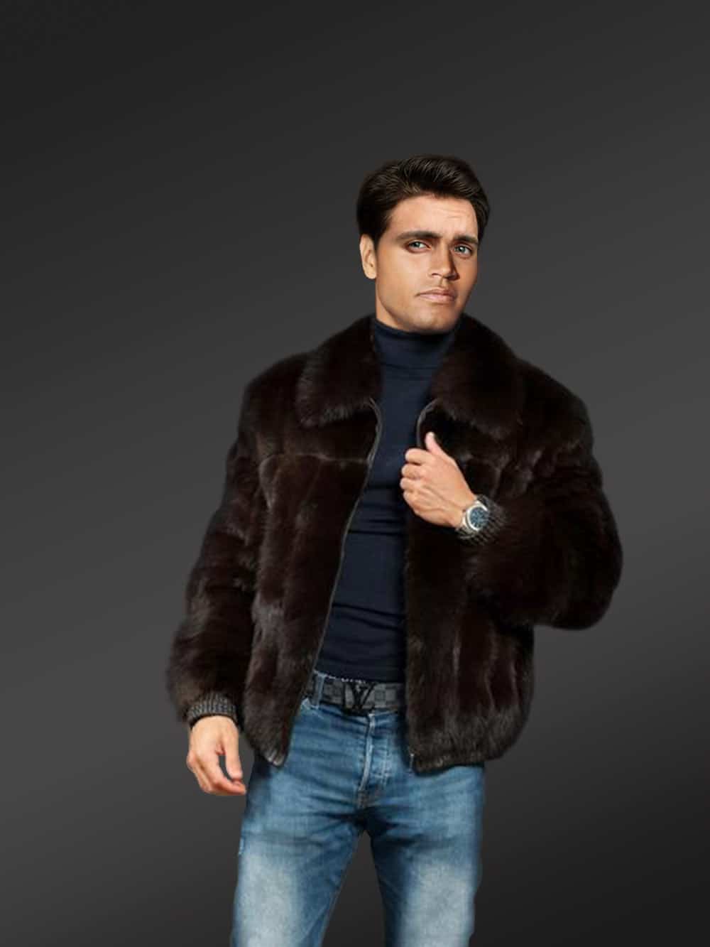 Men Bomber of Mink Fur in Stylish Non-Uniform Texture - Image 2