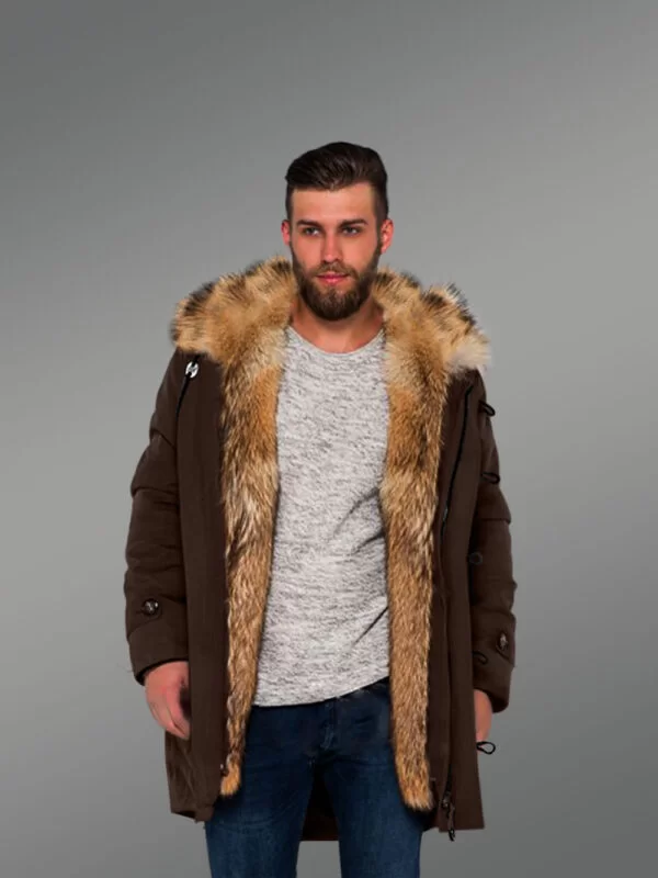 Golden Island Fox Fur Hybrid Coffee Parkas for Manly Style and Elegance with Rabbit Liner