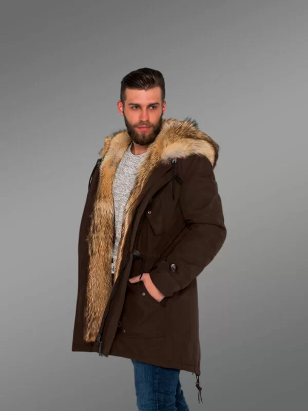 Golden Island Fox Fur Hybrid Coffee Parkas for Manly Style and Elegance with Rabbit Liner - Image 4