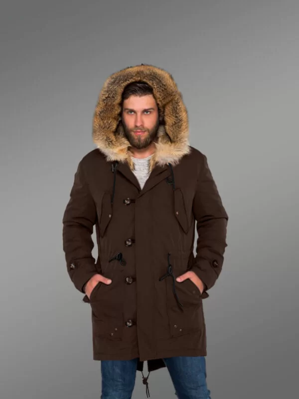 Golden Island Fox Fur Hybrid Coffee Parkas for Manly Style and Elegance with Rabbit Liner - Image 2