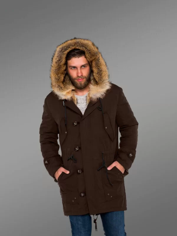 Golden Island Fox Fur Hybrid Coffee Parkas for Manly Style and Elegance with Rabbit Liner - Image 3